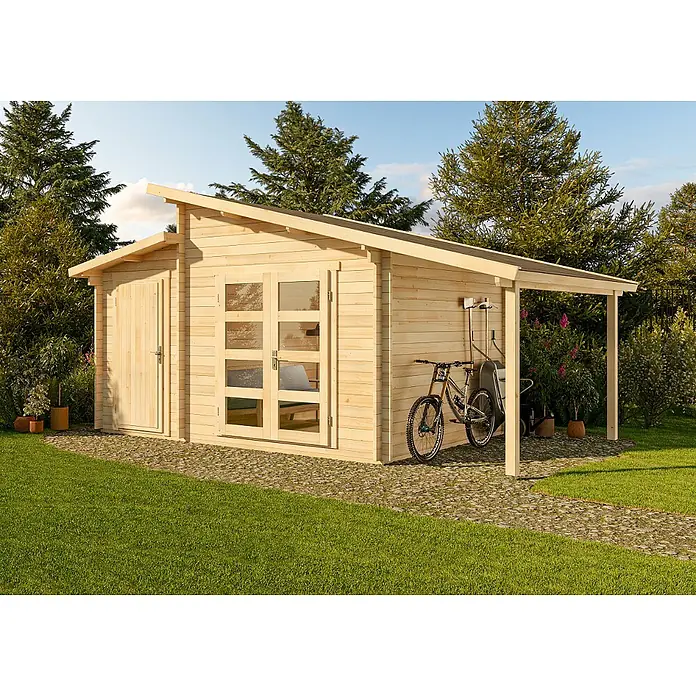 Alpholz Gartenhaus Aktiva Varianta - Außenmaß inkl. Dachüberstand (B x T): 600 x 340 cm, Holz, Naturbelassen - Gartenhaus aus hellem Holz mit separatem Abstellraum und angebautem Schleppdach, unter dem ein Fahrrad steht.