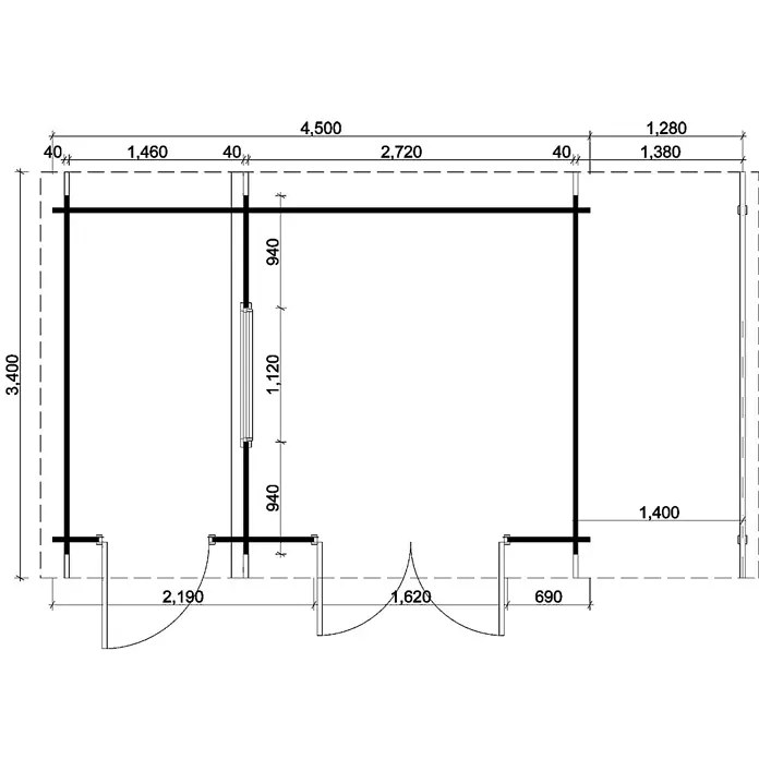Alpholz Gartenhaus Aktiva Varianta - Außenmaß inkl. Dachüberstand (B x T): 600 x 340 cm, Holz, Pinie - Technische Zeichnung eines Grundrisses mit Raummaßen, Wandstärken und Tür-/Fensterpositionen.