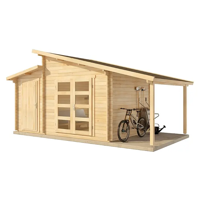 Alpholz Gartenhaus Aktiva Varianta - Außenmaß inkl. Dachüberstand (B x T): 600 x 340 cm, Holz, Naturbelassen - Heller Holzschuppen mit doppelten Glastüren, Seitentür und offenem Anbau für Werkzeuge und Fahrrad.