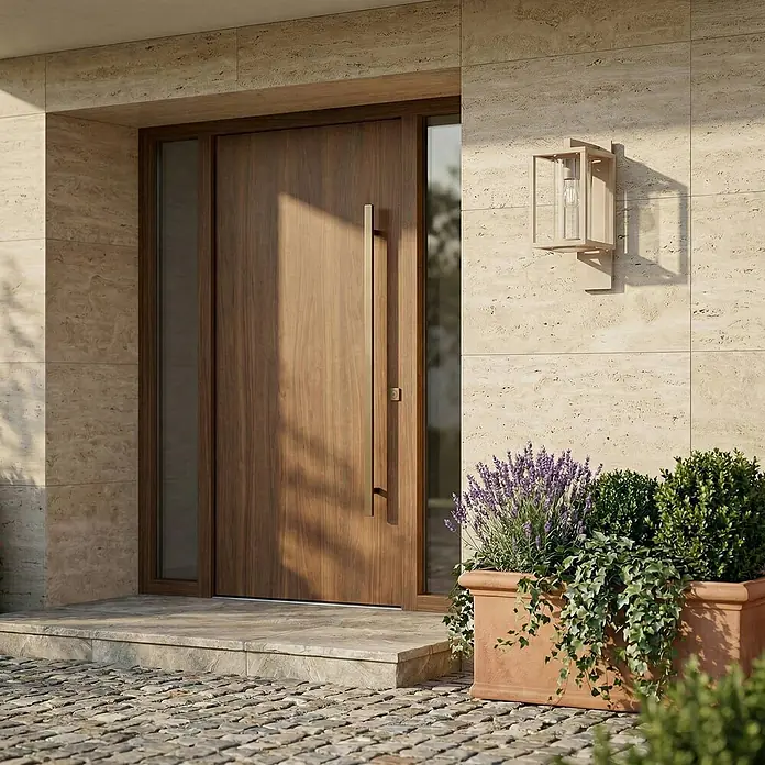 Lucande Außenwandleuchte Ferda - creme / amber, creme / amber, IP44 - Moderne Holztür mit langem Griff und Seitenlicht, in helle Travertinfassade eingelassen.