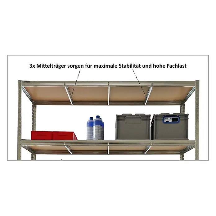 Proregal Schwerlastregal RAGNAR Mega Deal 4 Stück - H x B x T: 180 x 150 x 60 cm, Traglast pro Boden: 175 kg, Anzahl Böden: 5 Stk., Stecken, Verzinkt - Graues Metallregal mit Holzregalböden und 3 Mittelträgern für hohe Stabilität und Traglast.