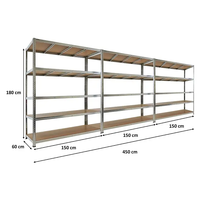 Proregal Schwerlastregal RAGNAR Mega Deal 3 Stück - H x B x T: 180 x 150 x 60 cm, Traglast pro Boden: 175 kg, Anzahl Böden: 5 Stk., Stecken, Verzinkt - Hohes Schwerlastregal aus verzinktem Stahl mit 5 Holzablagen, 180x60x450 cm, ideal für robuste Lagerung.
