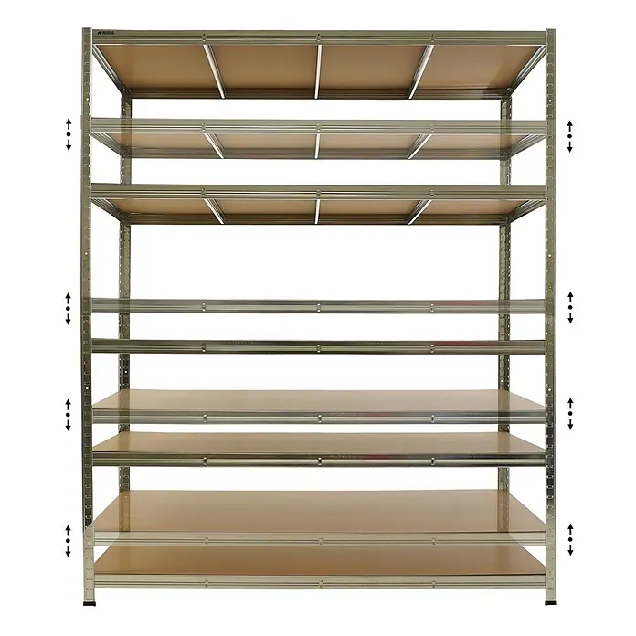 Proregal Schwerlastregal RAGNAR Mega Deal 4 Stück - H x B x T: 180 x 150 x 60 cm, Traglast pro Boden: 175 kg, Anzahl Böden: 5 Stk., Stecken, Verzinkt - Galvanisiertes Metallregal mit 6 verstellbaren hellbraunen Böden.