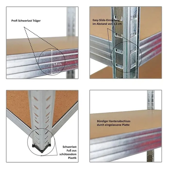 Proregal Schwerlastregal RAGNAR Mega Deal 4 Stück - H x B x T: 180 x 150 x 60 cm, Traglast pro Boden: 175 kg, Anzahl Böden: 5 Stk., Stecken, Verzinkt - Details eines Schwerlastregals: 5,8cm Profile, 3,3cm Rasterverstellung, Kunststofffüße, bündige Holzböden.