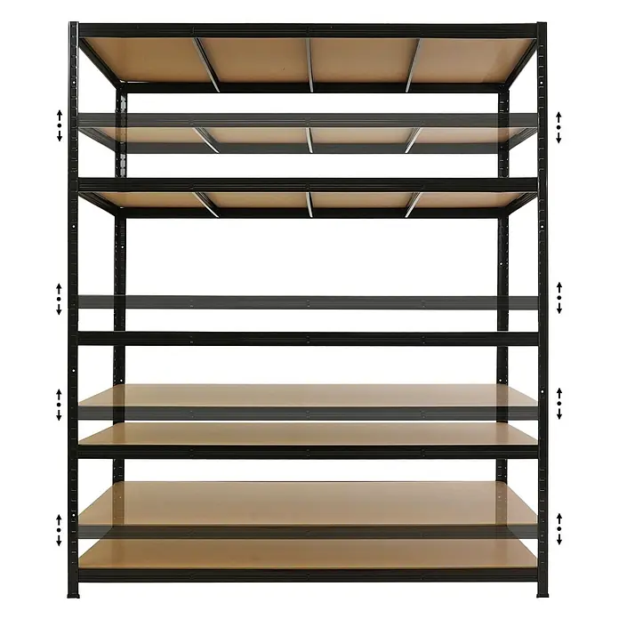 Proregal Schwerlastregal TAURUS - H x B x T: 180 x 150 x 60 cm, Traglast pro Boden: 175 kg, Anzahl Böden: 5 Stk., Stecken, Schwarz - Schwarzes Metallregal mit fünf verstellbaren hellbraunen Holzregalböden.
