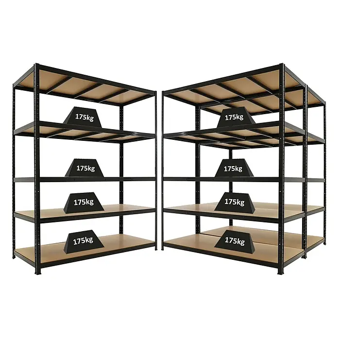 PROREGAL Mega Deal 3x Schwerlastregal TAURUS 180x150x60cm mit Fachlast 175kg Schwarz Kellerregal, Steckregal, Garagenregal, Lagerregal -  - Zwei schwarze Metallregale mit Holzablagen, die eine Traglast von 175 kg pro Fach zeigen.