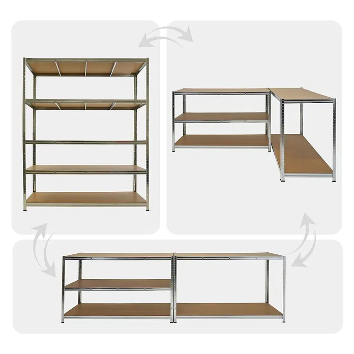 Proregal Schwerlastregal RAGNAR Mega Deal 4 Stück - H x B x T: 180 x 150 x 60 cm, Traglast pro Boden: 175 kg, Anzahl Böden: 5 Stk., Stecken, Verzinkt - Rekonfigurierbares silbernes Metallregal mit braunen Holzregalböden, gezeigt in hoher, L-förmiger und nebeneinanderer Anordnung.
