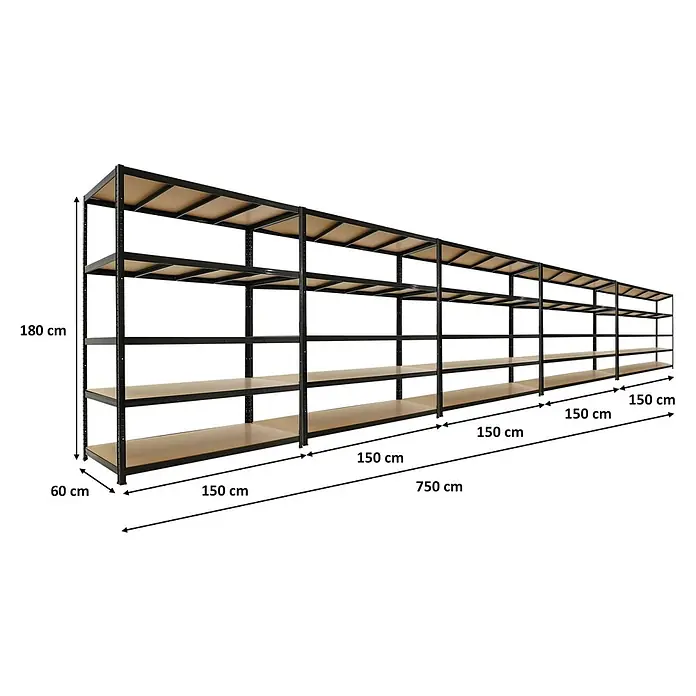 PROREGAL Mega Deal 5x Schwerlastregal TAURUS 180x150x60cm mit Fachlast 175kg Schwarz Kellerregal, Steckregal, Garagenregal, Lagerregal -  - Langes schwarzes Metallregal mit Holzböden, 180 cm hoch, 60 cm tief und 750 cm lang, mit mehreren 150 cm Abschnitten.
