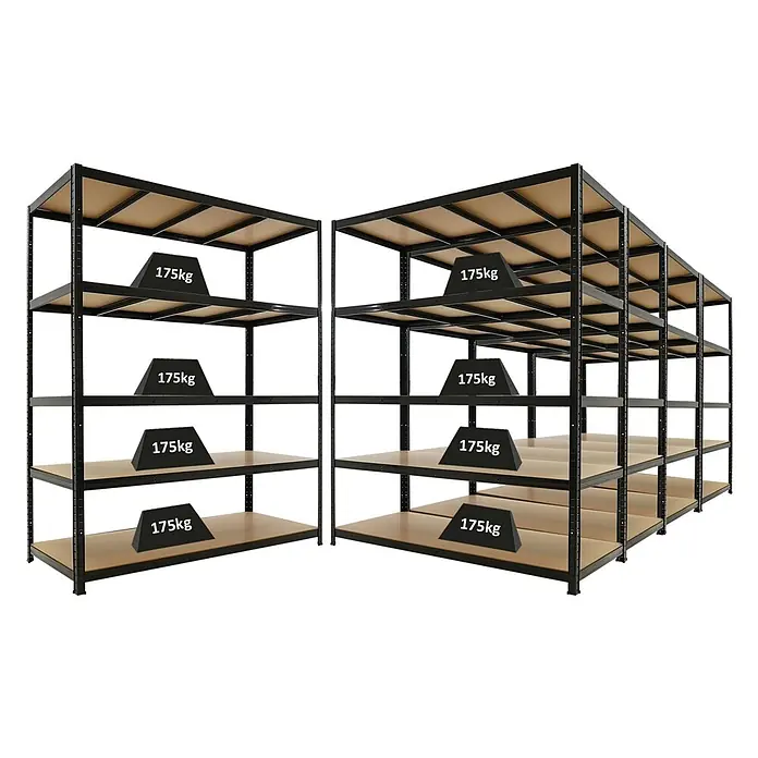 PROREGAL Mega Deal 5x Schwerlastregal TAURUS 180x150x60cm mit Fachlast 175kg Schwarz Kellerregal, Steckregal, Garagenregal, Lagerregal -  - Schwarze Metallschwerlastregale mit Holzbrettern, jedes Fach trägt 175 kg.