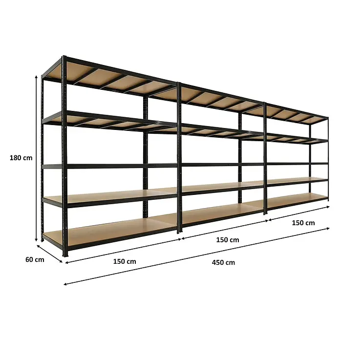 PROREGAL Mega Deal 3x Schwerlastregal TAURUS 180x150x60cm mit Fachlast 175kg Schwarz Kellerregal, Steckregal, Garagenregal, Lagerregal -  - Großes schwarzes Metall- und Holzregal, 180x60x450 cm, mit fünf Schwerlastböden, ideal für Garagen oder Lager.