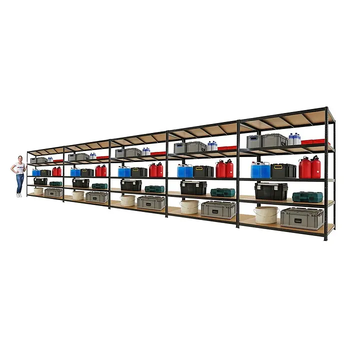 PROREGAL Mega Deal 5x Schwerlastregal TAURUS 180x150x60cm mit Fachlast 175kg Schwarz Kellerregal, Steckregal, Garagenregal, Lagerregal -  - Großes schwarzes Metall- und Holzregal, komplett mit Lagerboxen und Behältern bestückt, mit Frau zur Größenreferenz.