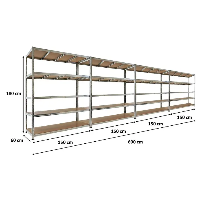 Proregal Schwerlastregal RAGNAR Mega Deal 4 Stück - H x B x T: 180 x 150 x 60 cm, Traglast pro Boden: 175 kg, Anzahl Böden: 5 Stk., Stecken, Verzinkt - Metallregal mit Holzregalböden, 180 cm hoch, 60 cm tief und 600 cm lang (4x 150 cm Abschnitte).