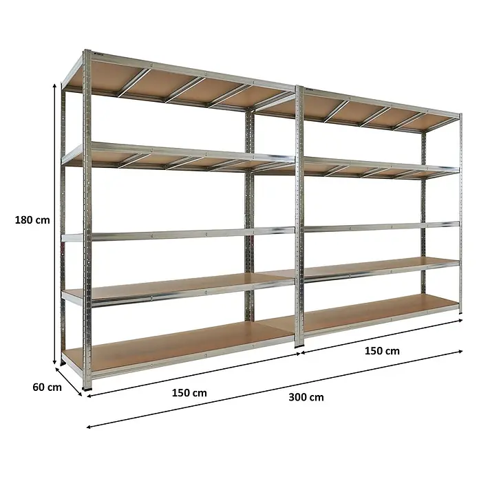 Proregal Schwerlastregal RAGNAR Mega Deal 2 Stück - H x B x T: 180 x 150 x 60 cm, Traglast pro Boden: 175 kg, Anzahl Böden: 5 Stk., Stecken, Verzinkt - Schwerlastregal aus verzinktem Metall, 180x300x60 cm, mit 5 braunen Spanplattenböden pro Sektion.