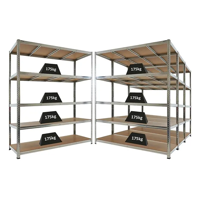 Proregal Schwerlastregal RAGNAR Mega Deal 4 Stück - H x B x T: 180 x 150 x 60 cm, Traglast pro Boden: 175 kg, Anzahl Böden: 5 Stk., Stecken, Verzinkt - Zwei Metallregale mit Holzablagen, jede Ablage für 175 kg Tragkraft ausgelegt.