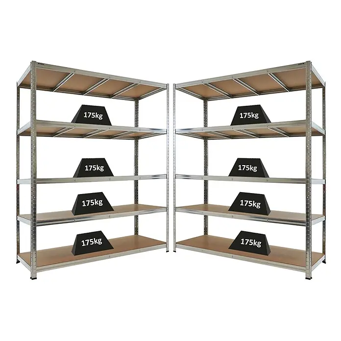 Proregal Schwerlastregal RAGNAR Mega Deal 2 Stück - H x B x T: 180 x 150 x 60 cm, Traglast pro Boden: 175 kg, Anzahl Böden: 5 Stk., Stecken, Verzinkt - Zwei silberne Metallregale mit Holzoptik-Böden, die eine Tragfähigkeit von 175kg pro Boden zeigen.