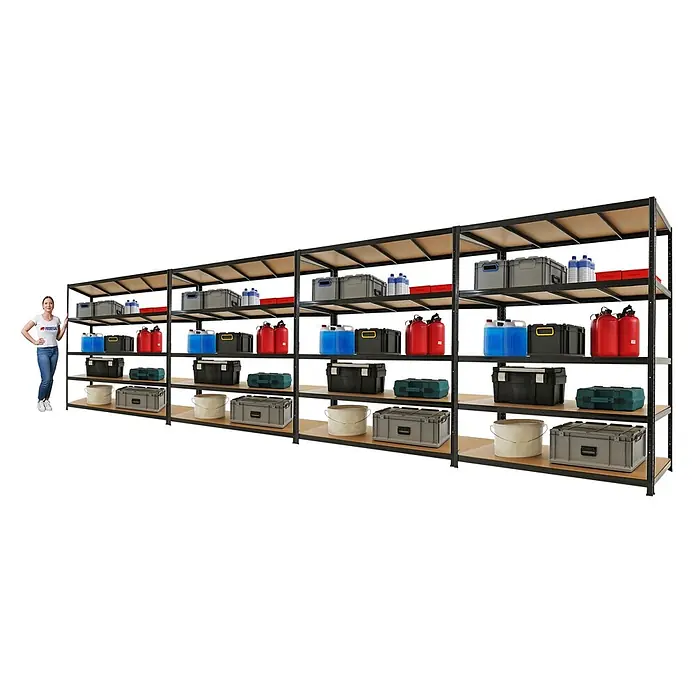 Proregal Schwerlastregal RAGNAR Mega Deal 4 Stück - H x B x T: 180 x 150 x 60 cm, Traglast pro Boden: 175 kg, Anzahl Böden: 5 Stk., Stecken, Schwarz - Großes schwarzes Metall- und Holzregal mit mehreren Ebenen, gefüllt mit Lagerboxen und Containern, mit Frau zur Größenangabe.