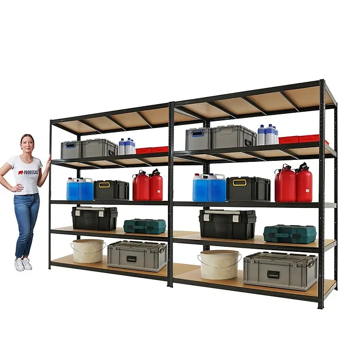 PROREGAL Mega Deal 2x Schwerlastregal TAURUS 180x150x60cm mit Fachlast 175kg Schwarz Kellerregal, Steckregal, Garagenregal, Lagerregal -  - Großes schwarzes Metallregal mit Holzablagen, mit Frau zur Größenreferenz und gefüllt mit verschiedenen Boxen und Behältern.