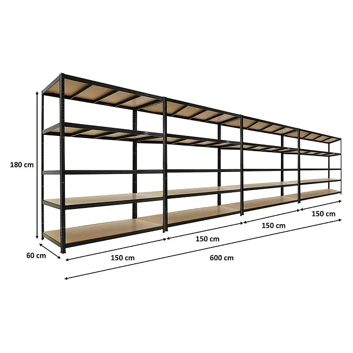Proregal Schwerlastregal RAGNAR Mega Deal 4 Stück - H x B x T: 180 x 150 x 60 cm, Traglast pro Boden: 175 kg, Anzahl Böden: 5 Stk., Stecken, Schwarz - Schwerlastregal aus schwarzem Metall mit Holzregalböden, 180x60x600 cm, zur Lagerung.