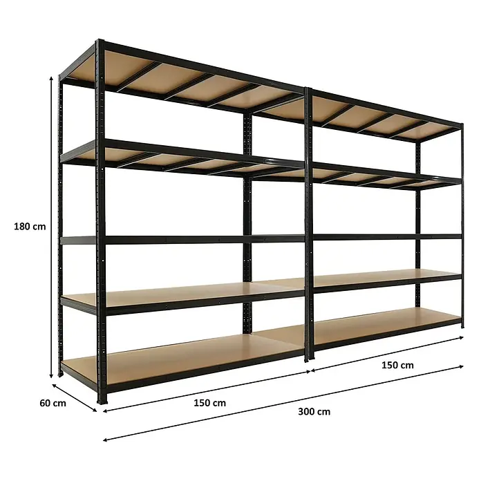 PROREGAL Mega Deal 2x Schwerlastregal TAURUS 180x150x60cm mit Fachlast 175kg Schwarz Kellerregal, Steckregal, Garagenregal, Lagerregal -  - Schwarzes Metallregal mit braunen Holzablagen, 180 cm hoch, 60 cm tief, 300 cm breit.