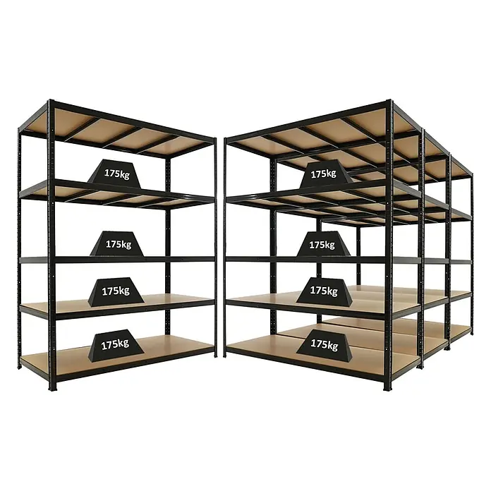 Proregal Schwerlastregal RAGNAR Mega Deal 4 Stück - H x B x T: 180 x 150 x 60 cm, Traglast pro Boden: 175 kg, Anzahl Böden: 5 Stk., Stecken, Schwarz - Schwarzes Metallregal mit Holzablagen, jede hält ein 175kg-Gewicht zur Kapazitätsdemonstration.