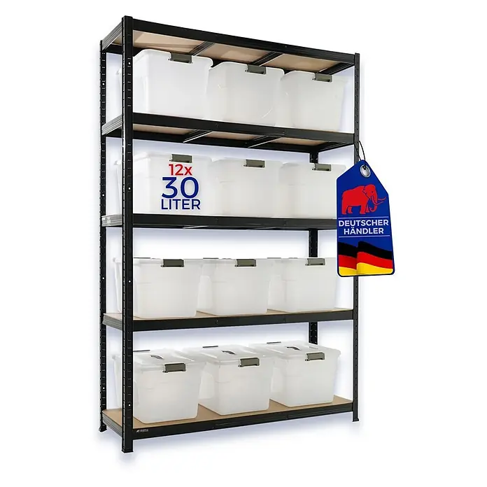 Proregal Schwerlastregal RAGNAR inkl 12x Aufbewahrungsbox 30 Liter - H x B x T: 180 x 120 x 40 cm, Traglast pro Boden: 175 kg, Anzahl Böden: 5 Stk., Stecken, Schwarz - Schwarzes Metallregal mit Holzablagen, gefüllt mit 12 durchsichtigen 30-Liter-Aufbewahrungsboxen.