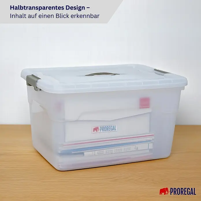 Proregal Schwerlastregal RAGNAR inkl 12x Aufbewahrungsbox 30 Liter - H x B x T: 180 x 120 x 40 cm, Traglast pro Boden: 175 kg, Anzahl Böden: 5 Stk., Stecken, Schwarz - Halbtransparente Aufbewahrungsbox mit Deckel und grauen Verschlüssen, Inhalt sofort sichtbar.