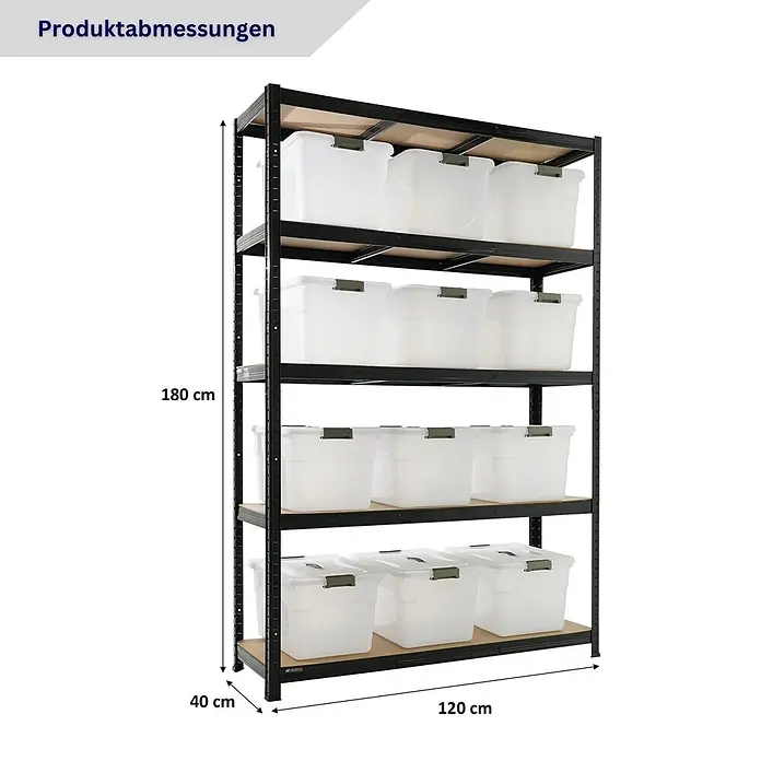 Proregal Schwerlastregal RAGNAR inkl 12x Aufbewahrungsbox 30 Liter - H x B x T: 180 x 120 x 40 cm, Traglast pro Boden: 175 kg, Anzahl Böden: 5 Stk., Stecken, Schwarz - Schwarzmetallregal mit 5 Holzböden und weißen Aufbewahrungsboxen. Maße: 180x120x40 cm.