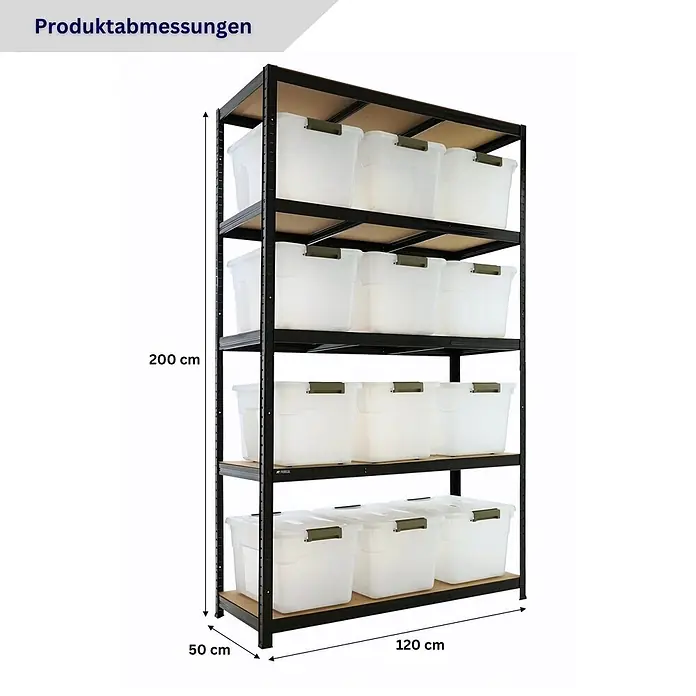 Proregal Schwerlastregal RAGNAR inkl 12x Aufbewahrungsbox 45 Liter - Traglast pro Boden: 175 kg, Anzahl Böden: 5 Stk., Stecken, Schwarz - Schwarzes Metallregal mit 5 Holzböden, 200x120x50 cm, mit transparenten Aufbewahrungsboxen.