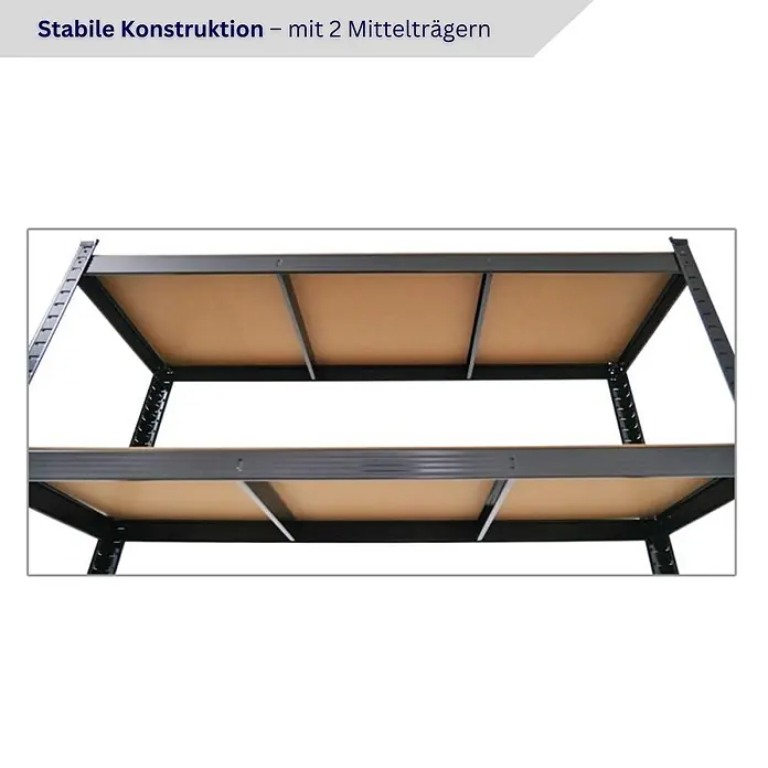 Proregal Schwerlastregal RAGNAR inkl 12x Aufbewahrungsbox 45 Liter - Traglast pro Boden: 175 kg, Anzahl Böden: 5 Stk., Stecken, Schwarz - Dunkles Metallregal mit zwei Ebenen, jede Ebene mit zwei Mittelträgern verstärkt und braunen Holzplatten für stabile Lagerung.