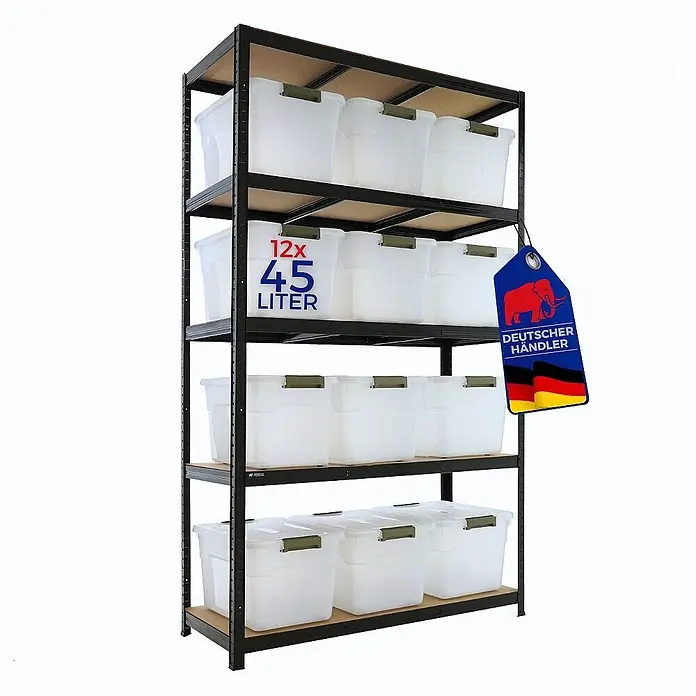 Proregal Schwerlastregal RAGNAR inkl 12x Aufbewahrungsbox 45 Liter - Traglast pro Boden: 175 kg, Anzahl Böden: 5 Stk., Stecken, Schwarz - Schwarzes Metallregal mit Holzbrettern und 12 transparenten 45-Liter-Aufbewahrungsboxen, mit blauem 'Deutscher Händler' Anhänger und Deutschlandflagge.