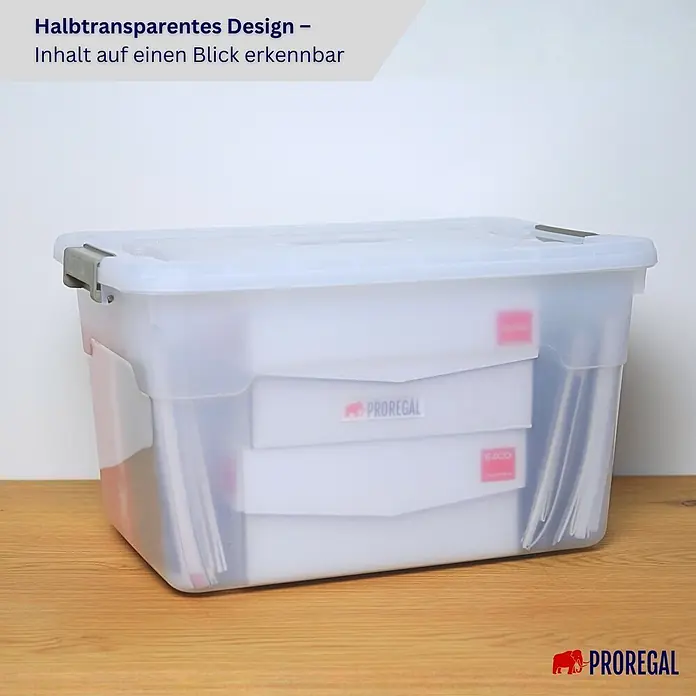 Proregal Schwerlastregal RAGNAR inkl 12x Aufbewahrungsbox 45 Liter - Traglast pro Boden: 175 kg, Anzahl Böden: 5 Stk., Stecken, Schwarz - Halbtransparente Aufbewahrungsbox aus Kunststoff mit Deckel und grauen Verschlüssen, Inhalt gut erkennbar.