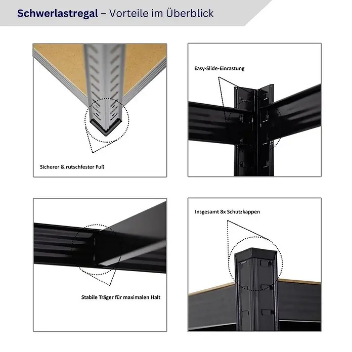 Proregal Schwerlastregal RAGNAR inkl 12x Aufbewahrungsbox 45 Liter - Traglast pro Boden: 175 kg, Anzahl Böden: 5 Stk., Stecken, Schwarz - Detaillierte Ansicht eines schwarzen Schwerlastregals mit Holzablagen, das stabile Füße, Easy-Slide-Einrastung, robuste Träger und Schutzkappen hervorhebt.