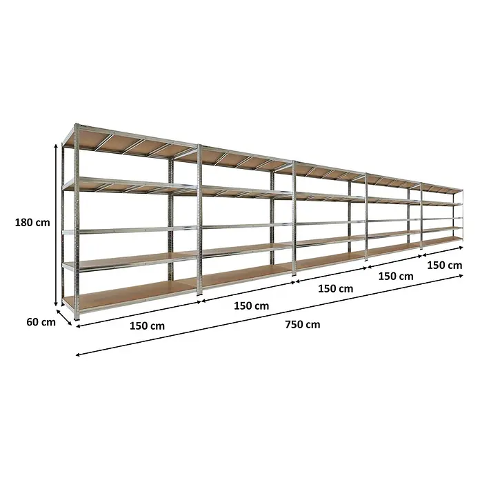 Proregal Schwerlastregal RAGNAR Mega Deal 5 Stück - H x B x T: 180 x 150 x 60 cm, Traglast pro Boden: 175 kg, Anzahl Böden: 5 Stk., Stecken, Verzinkt - Langes Metallregal mit hellbraunen Holzablagen. Es ist 180 cm hoch, 60 cm tief und 750 cm breit, bestehend aus fünf 150 cm Abschnitten.