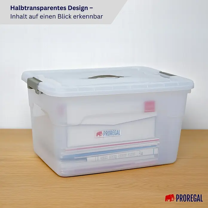 Proregal Schwerlastregal RAGNAR inkl 10x Aufbewahrungsbox 30 & 45 Liter - H x B x T: 180 x 120 x 40 cm, Traglast pro Boden: 175 kg, Anzahl Böden: 5 Stk., Stecken, Schwarz - Halbtransparente Kunststoff-Aufbewahrungsbox mit Deckel und grauen Verschlüssen, Inhalt klar erkennbar.