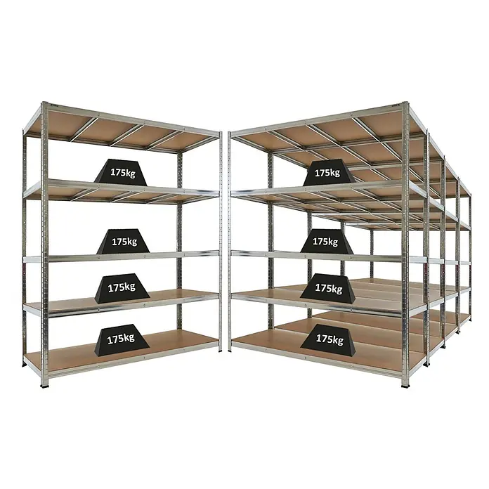 Proregal Schwerlastregal RAGNAR Mega Deal 5 Stück - H x B x T: 180 x 150 x 60 cm, Traglast pro Boden: 175 kg, Anzahl Böden: 5 Stk., Stecken, Verzinkt - Zwei verzinkte Metallregale mit mehreren Böden, die jeweils 175 kg tragen.