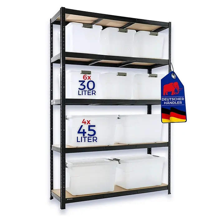 Proregal Schwerlastregal RAGNAR inkl 10x Aufbewahrungsbox 30 & 45 Liter - H x B x T: 180 x 120 x 40 cm, Traglast pro Boden: 175 kg, Anzahl Böden: 5 Stk., Stecken, Schwarz - Schwarzes Metallregal mit Holzbrettern, bestückt mit 6x 30L und 4x 45L transparenten Kunststoff-Aufbewahrungsboxen.