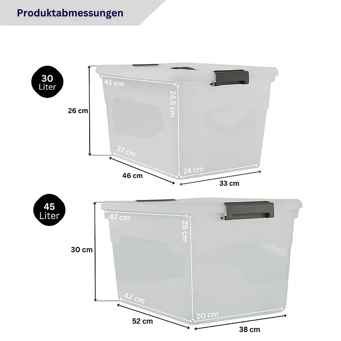 Proregal Schwerlastregal RAGNAR inkl 10x Aufbewahrungsbox 30 & 45 Liter - H x B x T: 180 x 120 x 40 cm, Traglast pro Boden: 175 kg, Anzahl Böden: 5 Stk., Stecken, Schwarz - Transparente Kunststoff-Aufbewahrungsboxen (30 & 45 Liter) mit Maßen und Griffen.