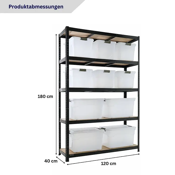 Proregal Schwerlastregal RAGNAR inkl 10x Aufbewahrungsbox 30 & 45 Liter - H x B x T: 180 x 120 x 40 cm, Traglast pro Boden: 175 kg, Anzahl Böden: 5 Stk., Stecken, Schwarz - Schwarzes Metallregal mit 5 Holzböden, gefüllt mit transparenten Boxen. Maße: 180x120x40 cm.
