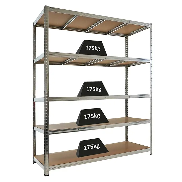 PROREGAL Schwerlastregal TAURUS Verzinkt 180x150x60cm Gesamtlast 875kg Kellerregal, Steckregal, Garagenregal, Lagerregal -  - Silbernes Metallregal mit 5 Böden, die jeweils 175 kg tragen, was die hohe Tragfähigkeit zeigt.