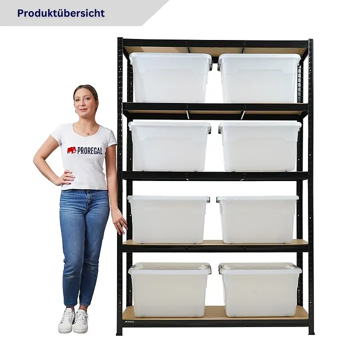 Proregal Schwerlastregal RAGNAR inkl 8x Aufbewahrungsbox 45 Liter - H x B x T: 180 x 120 x 40 cm, Traglast pro Boden: 175 kg, Anzahl Böden: 5 Stk., Stecken, Schwarz - Schwarzes Metallregal mit Holzböden und weißen Lagerboxen, Frau zur Größenangabe.