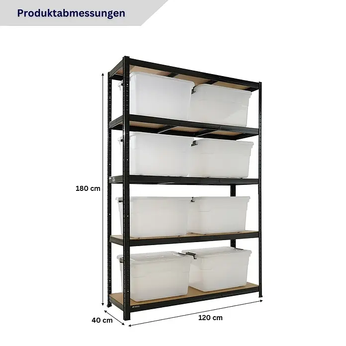 Proregal Schwerlastregal RAGNAR inkl 8x Aufbewahrungsbox 45 Liter - H x B x T: 180 x 120 x 40 cm, Traglast pro Boden: 175 kg, Anzahl Böden: 5 Stk., Stecken, Schwarz - Schwarzes Metallregal mit fünf Holzbrettern, gefüllt mit transparenten Kunststoffboxen. Maße: 180x120x40 cm (HxBxT).