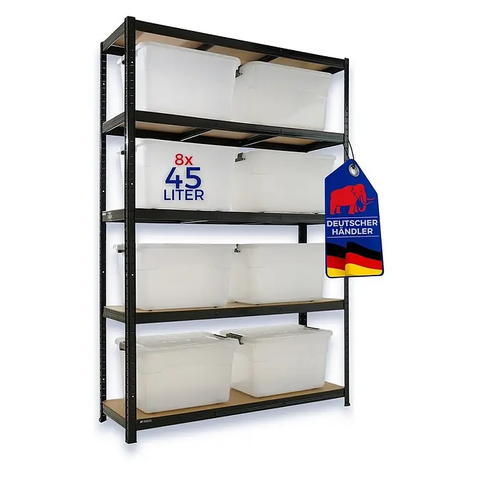 Proregal Schwerlastregal RAGNAR inkl 8x Aufbewahrungsbox 45 Liter - H x B x T: 180 x 120 x 40 cm, Traglast pro Boden: 175 kg, Anzahl Böden: 5 Stk., Stecken, Schwarz - Schwarzes Metallregal mit Holzbrettern und acht transparenten 45-Liter-Kunststoffboxen.