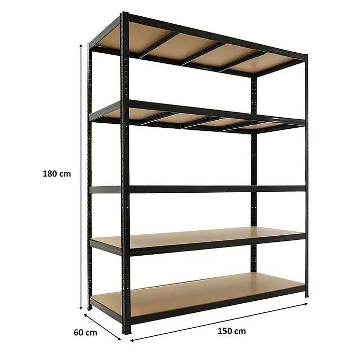 Proregal Schwerlastregal TAURUS - H x B x T: 180 x 150 x 60 cm, Traglast pro Boden: 175 kg, Anzahl Böden: 5 Stk., Stecken, Schwarz - Schwerlast-Metallregal in Schwarz mit fünf Holzablagen, ideal für Garage oder Werkstatt.