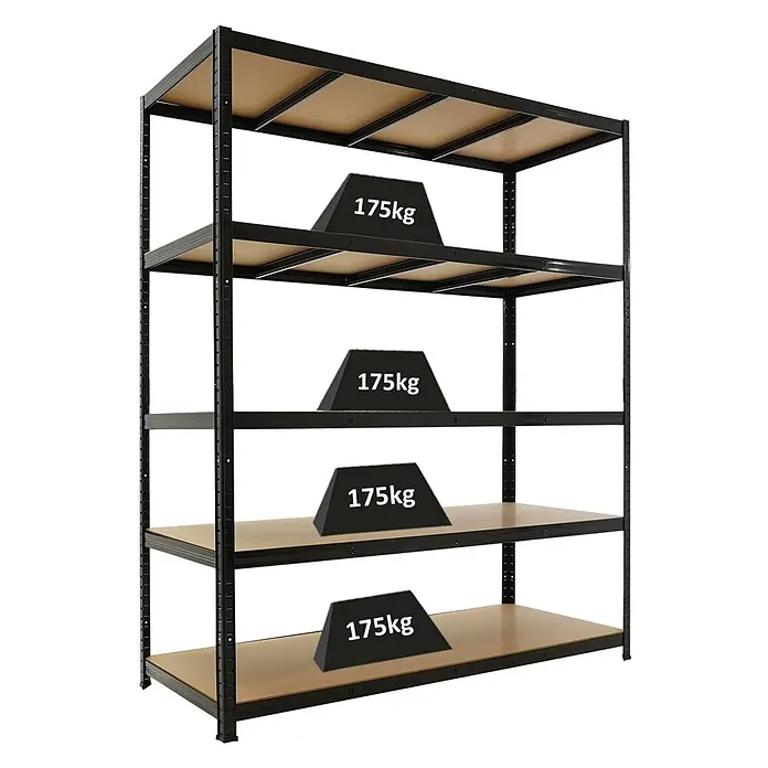 Proregal Schwerlastregal TAURUS - H x B x T: 180 x 150 x 60 cm, Traglast pro Boden: 175 kg, Anzahl Böden: 5 Stk., Stecken, Schwarz - Schwarzes Metallregal mit fünf Holzablagen, jede mit '175kg' Traglast gekennzeichnet.