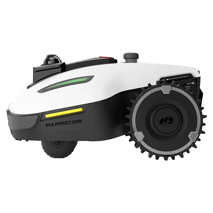 Mammotion Mähroboter YUKA Mini 2 1000 - 1.000 m², Schnittbreite: 19 cm, Kamera-gestützte Navigation - Weiß-schwarzer Mähroboter von Mammotion mit grünen und gelben Lichtern und großen, schwarzen Rädern mit grauen Akzenten.