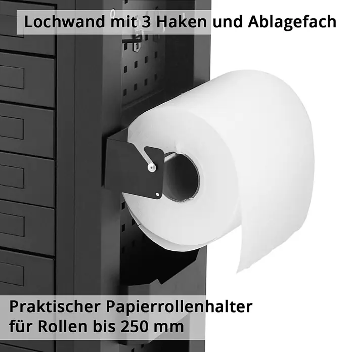 STAHLWERK Werkzeugkoffer Werkstattwagen FALCON -  - Schwarze Metall-Lochwand mit befestigtem Spender, der eine große weiße Papierrolle hält.