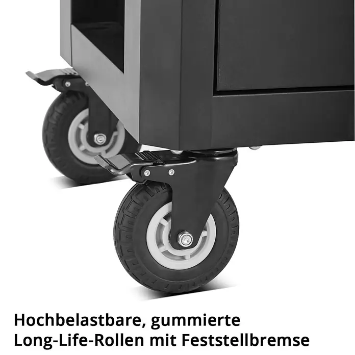 STAHLWERK Werkzeugkoffer Werkstattwagen FALCON -  - Schwarze, hochbelastbare Gummilenkrollen mit Feststellbremsen an einem schwarzen Schrank.