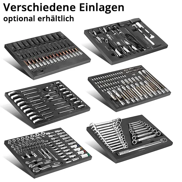 STAHLWERK Werkzeugkoffer Werkstattwagen FALCON -  - Verschiedene dunkelgraue Schaumstoff-Werkzeugeinlagen, gefüllt mit verschiedenen Handwerkzeugen wie Steckschlüsseln, Schraubenschlüsseln, Schraubendrehern und Zangen.