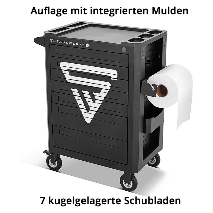 STAHLWERK Werkzeugkoffer Werkstattwagen FALCON -  - Schwarzer mobiler Werkzeugwagen mit 7 Schubladen, integrierter Ablage und Papierrollenhalter.