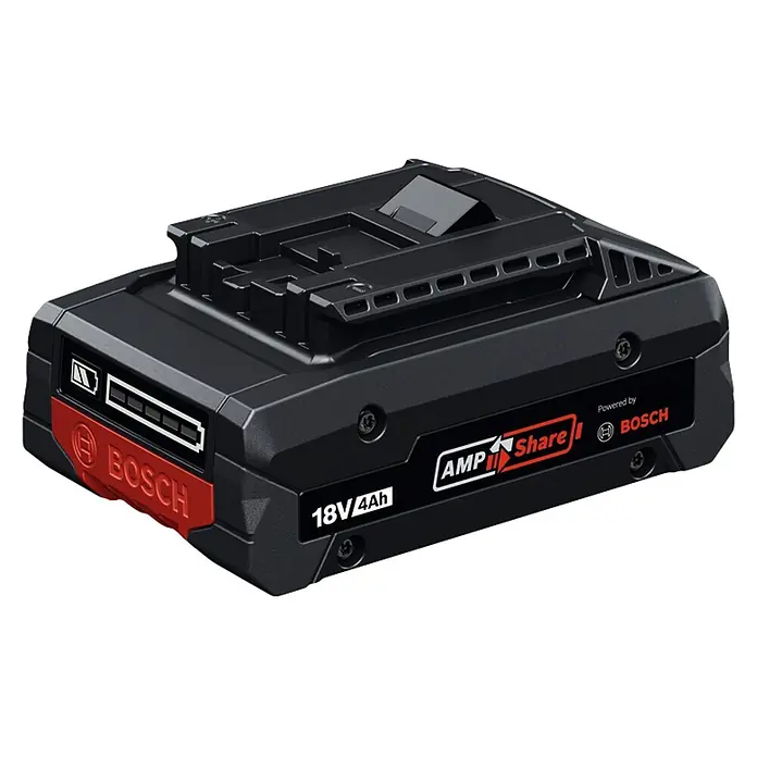 Bosch Professional AMPShare 18V Akku EXBA 18V-40 - 18 V, 4 Ah, 1 Akku - Schwarzer Bosch 18V 4Ah Akku für Elektrowerkzeuge mit roten Akzenten und Ladeanzeige.